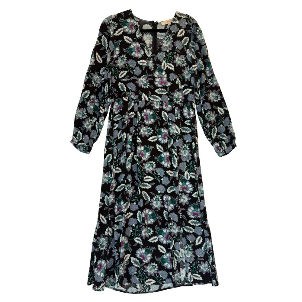 Loft Floral Midi Dress Size 8 Black V-Neck Long Sleeve Cottage Botanical 2022